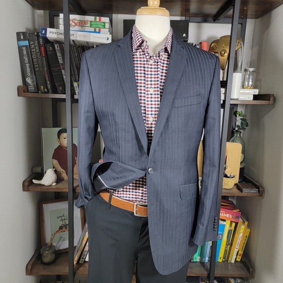 Ben Sherman Men's Suit Jacket Two Button Navy Blue Herringbone Wool Size 40R - Picture 1 of 16